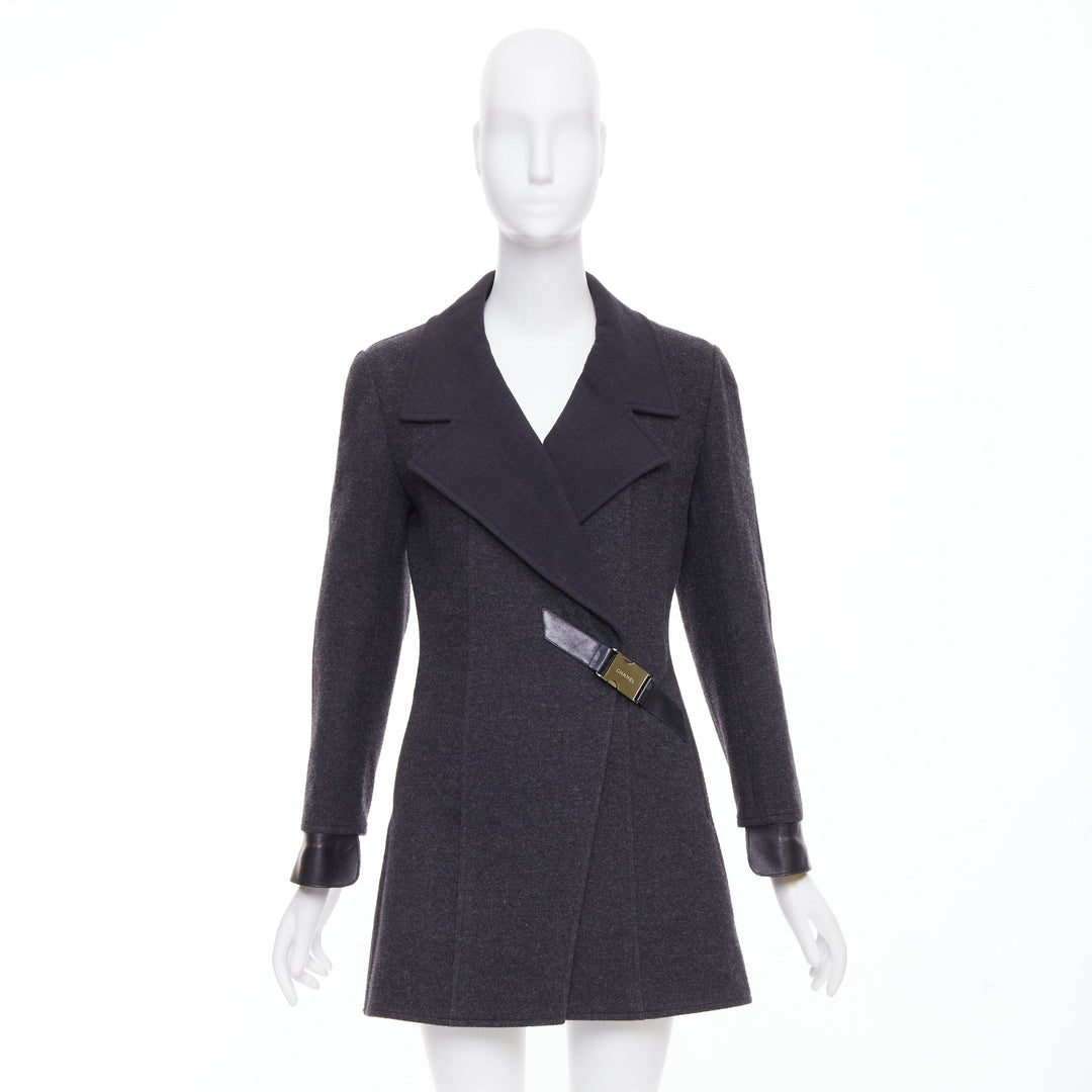 CHANEL 00A dark grey wool blend logo metal buckle asymmetric coat FR38 M