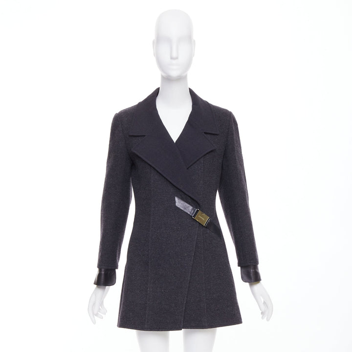 CHANEL 00A dark grey wool blend logo metal buckle asymmetric coat FR38 M