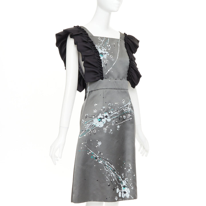 rare MIU MIU 2019 Runway grey black silk ruffle hand painted apron dress IT38 XS