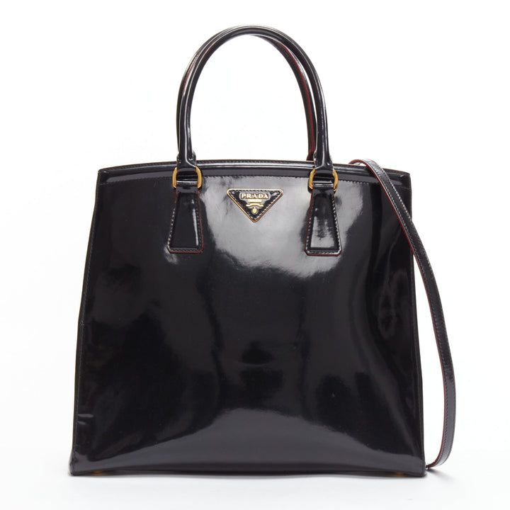 PRADA Spazzolato Parabole black patent leather red edge tote tote