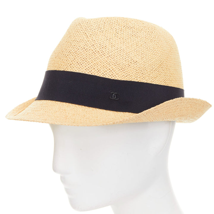 CHANEL beige raffia curled brim navy ribbon CC logo trilby hat M