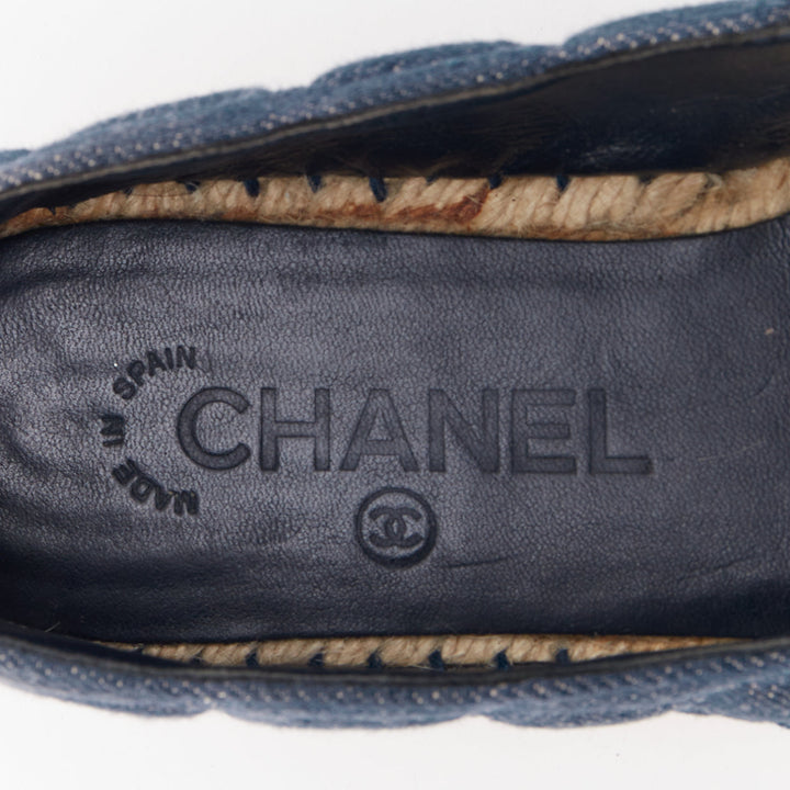 CHANEL 2016 blue embossed denim animal pattern quilted CC espadrilles shoes EU39