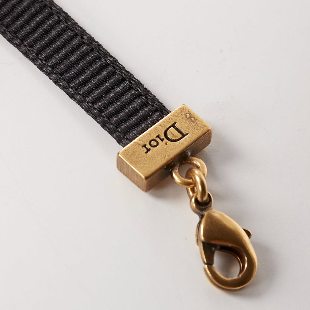 DIOR J'adior antique gold logo plate black ribbon CD charm choker necklace