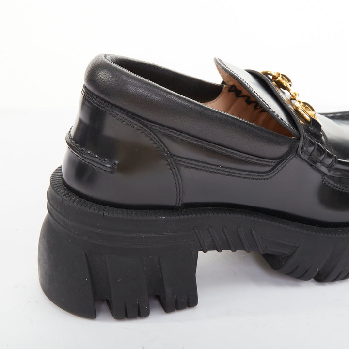 GUCCI Harald black leather chunky signature horsebit lug platform loafers EU37.5