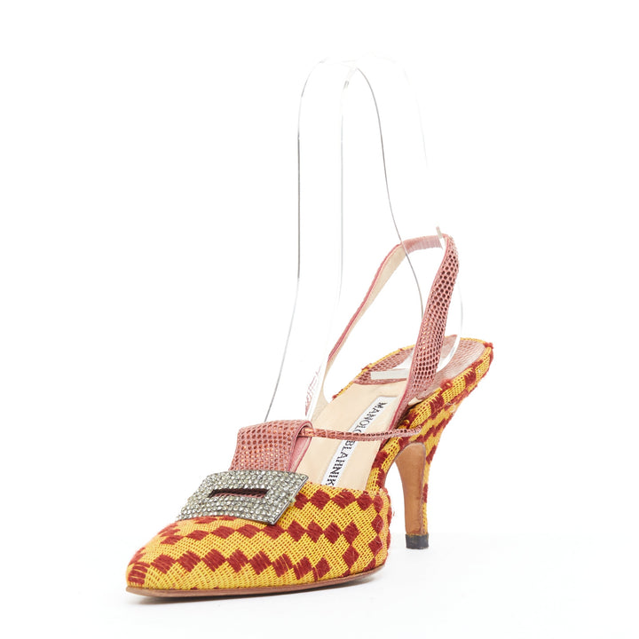 rare MANOLO BLAHNIK Vintage red yellow scaled crystal buckle slingback pump EU37