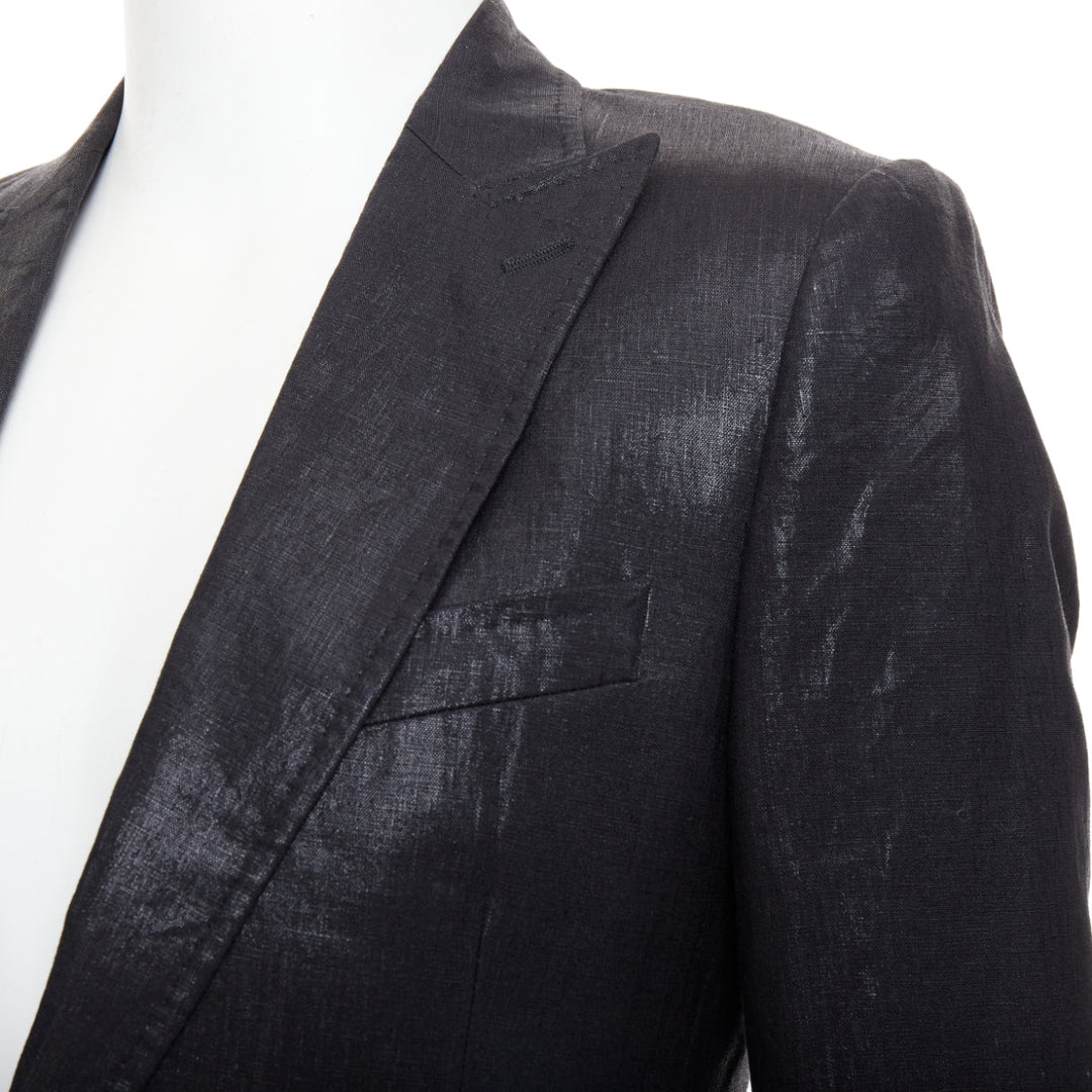 DOLCE GABBANA black linen metallic coated half canvas flap pocket suit IT44 XS