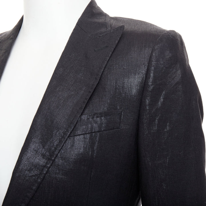 DOLCE GABBANA black linen metallic coated half canvas flap pocket suit IT44 XS