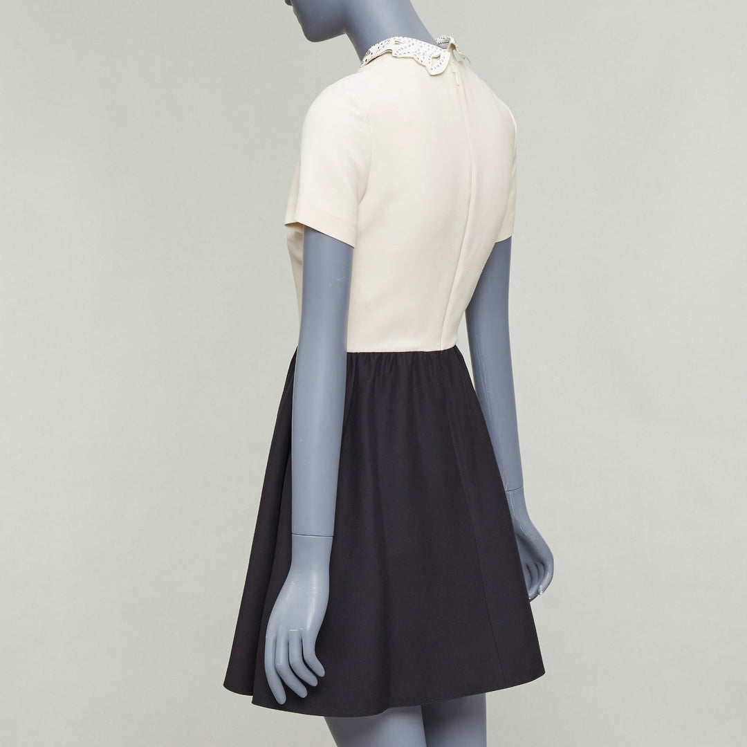 VALENTINO cream black silver studded leather collar bicolor cocktail dress