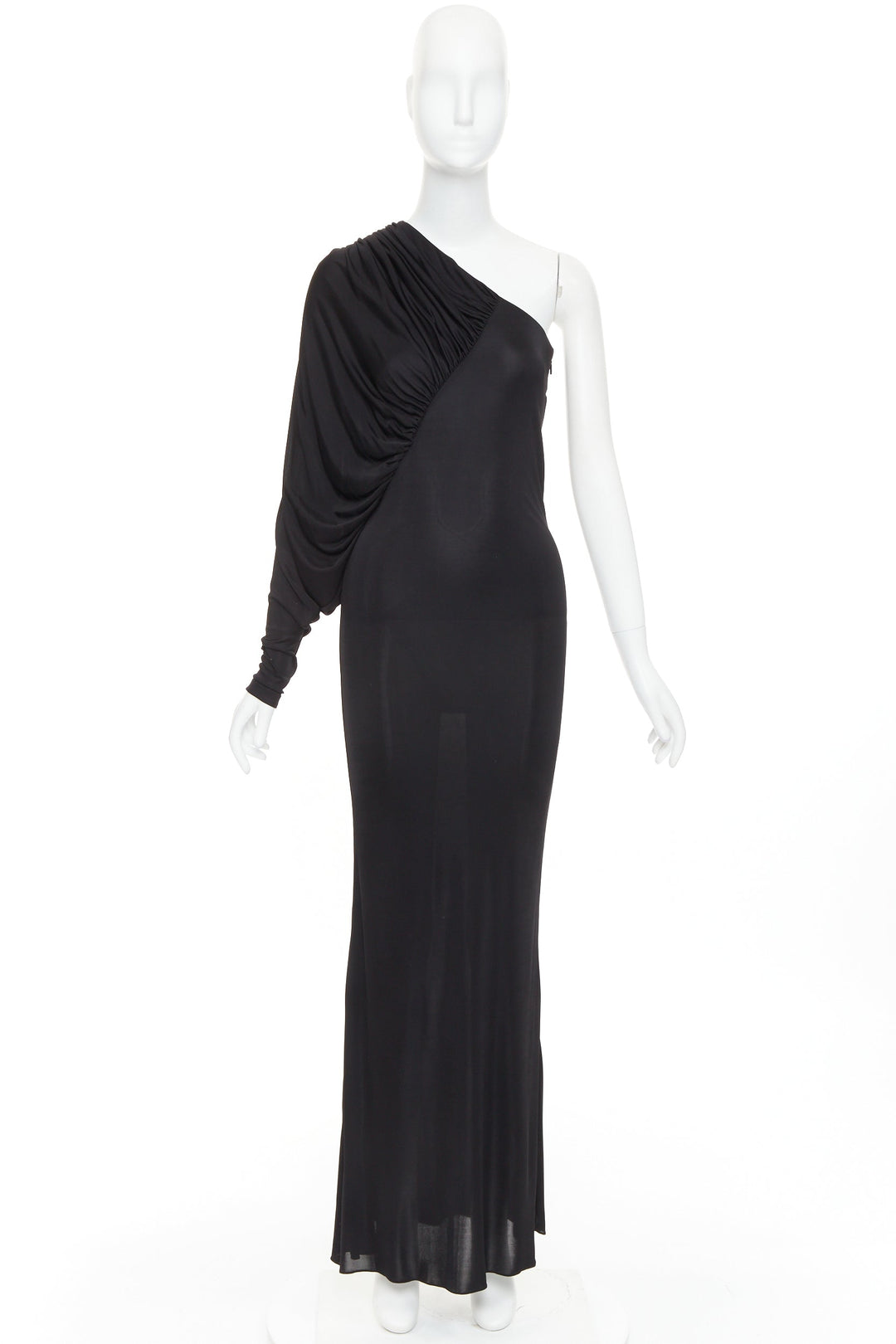 SAINT LAURENT 2023 black shiny viscose jersey ruched one sleeve  gown FR34 XS