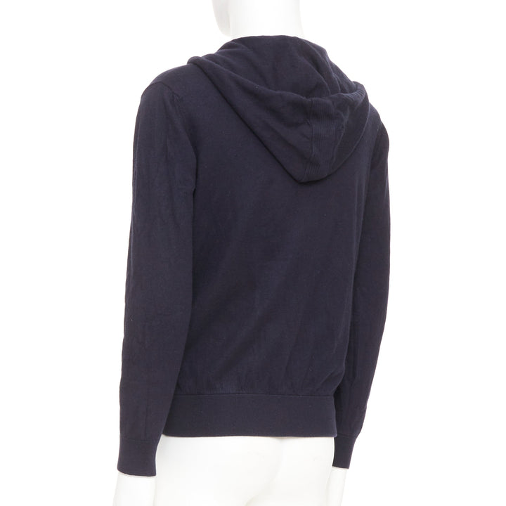 LORO PIANA navy cotton cashmere knit silver zip front hooded sweater hoodie M