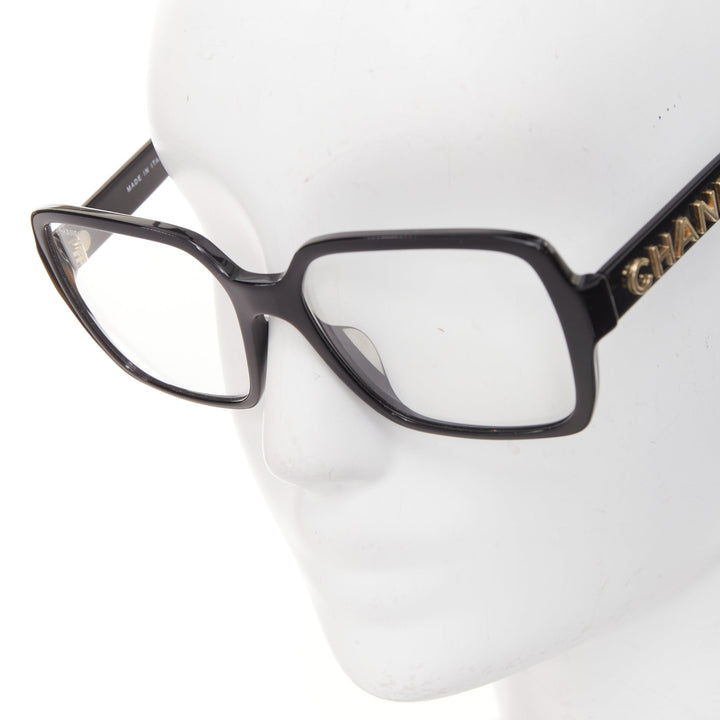 CHANEL 5408-A black acetate gold logo sides oversized square optical glasses