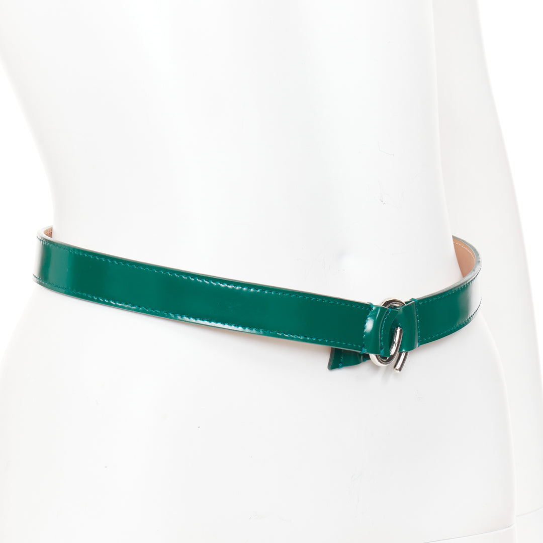 ALAIA green glossy leather silver swirl loop hook buckle skinny belt 75cm