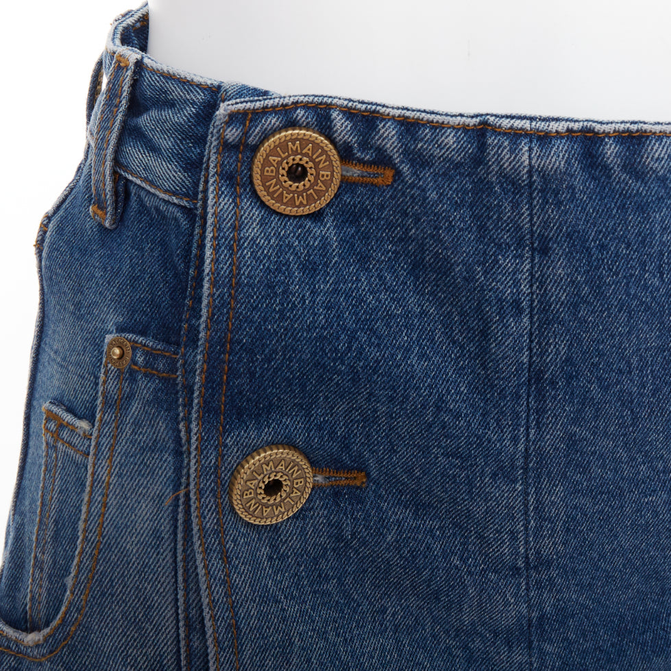 BALMAIN blue washed bronze logo buttons high waisted denim shorts FR34 XS