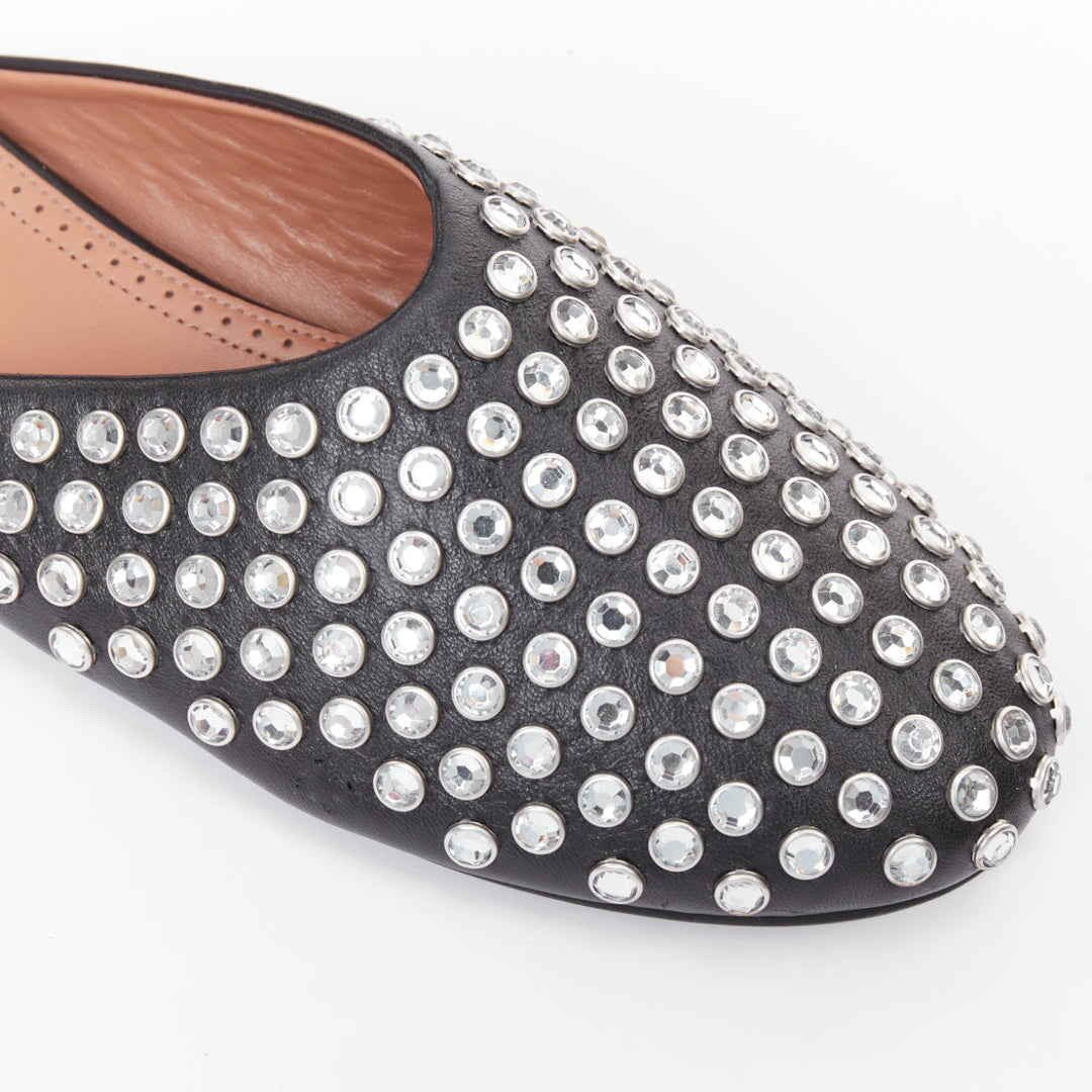 ALAIA Crystal Slide On black leather clear strass embellished flat mule EU38