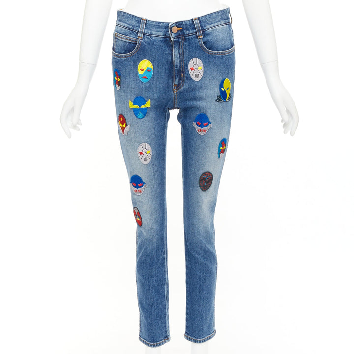 STELLA MCCARTNEY 2014 yellow blue superhero patch cropped jeans 25"