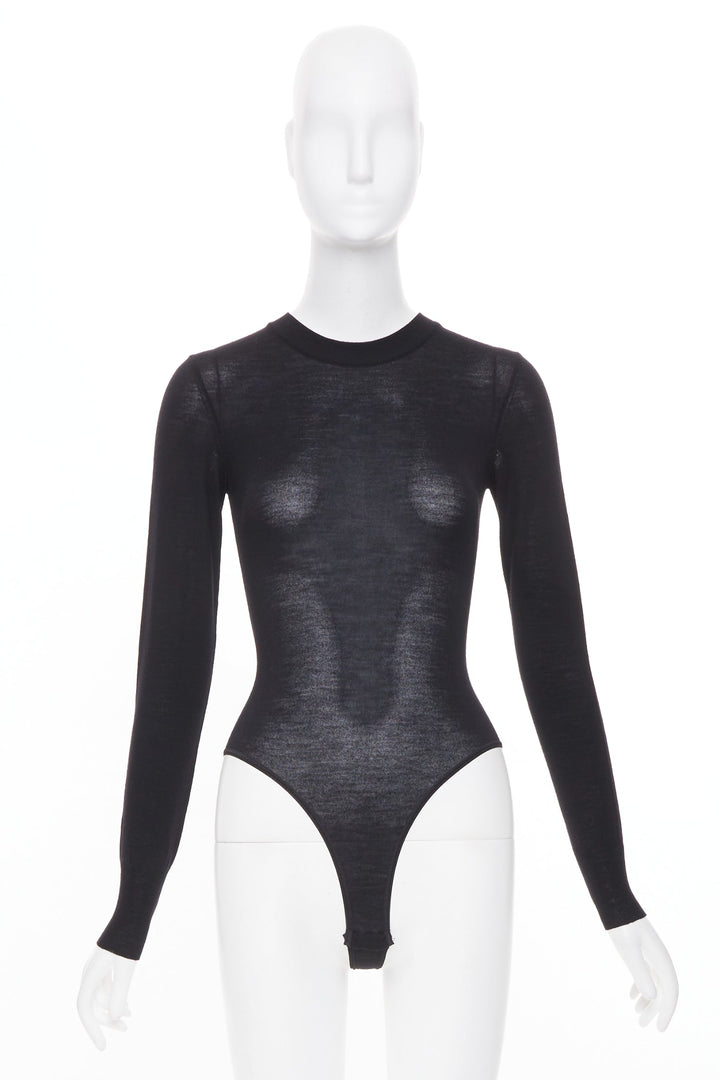 ALAIA Amalie long sleeve semi sheer black virgin wool bodystocking FR36 S