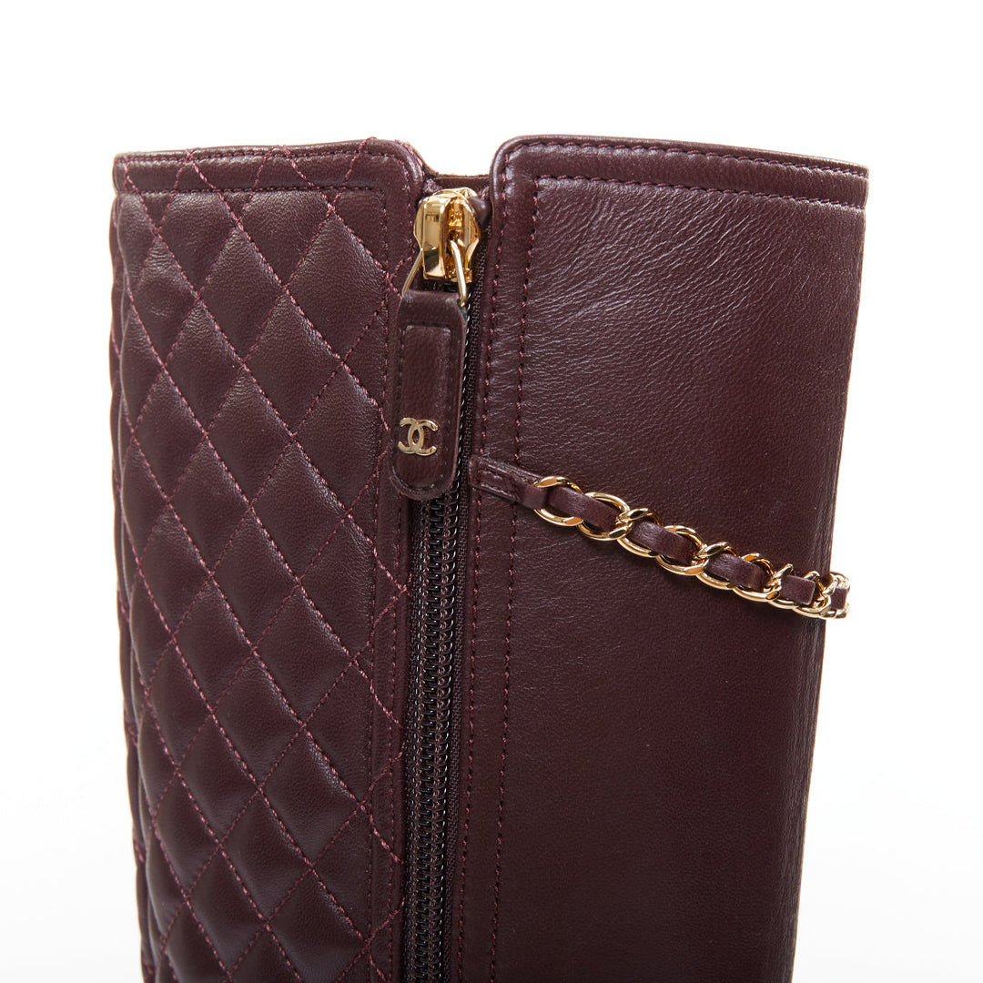 CHANEL 2017 Karl Lagerfeld burgundy lambskin gold chain quilted boots EU36.5