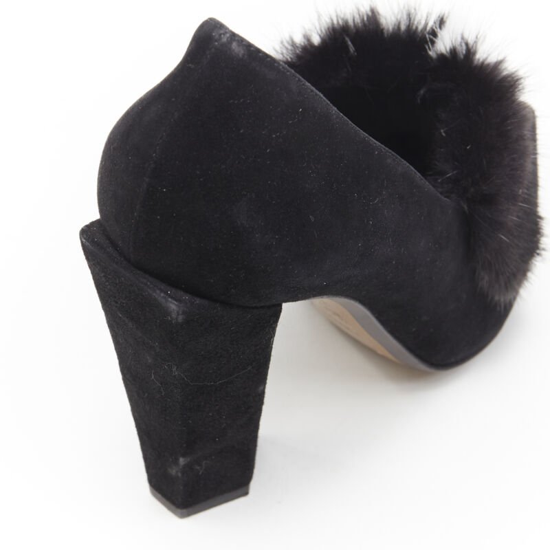 FENDI black suede black white mink fur front point toe chunky heel pump EU37.5