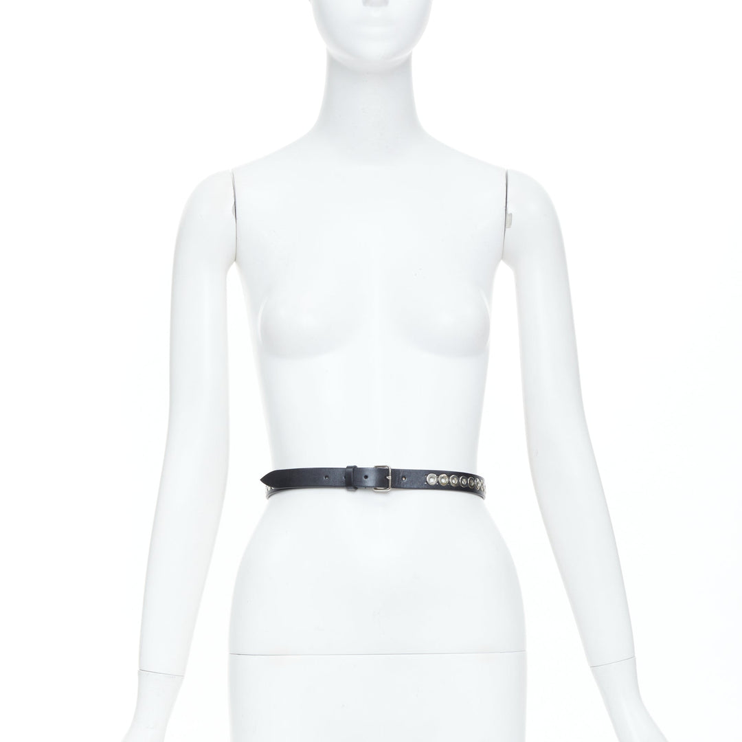 ALAIA Ovale black studded smooth calfskin leather waist belt grommet 65cm