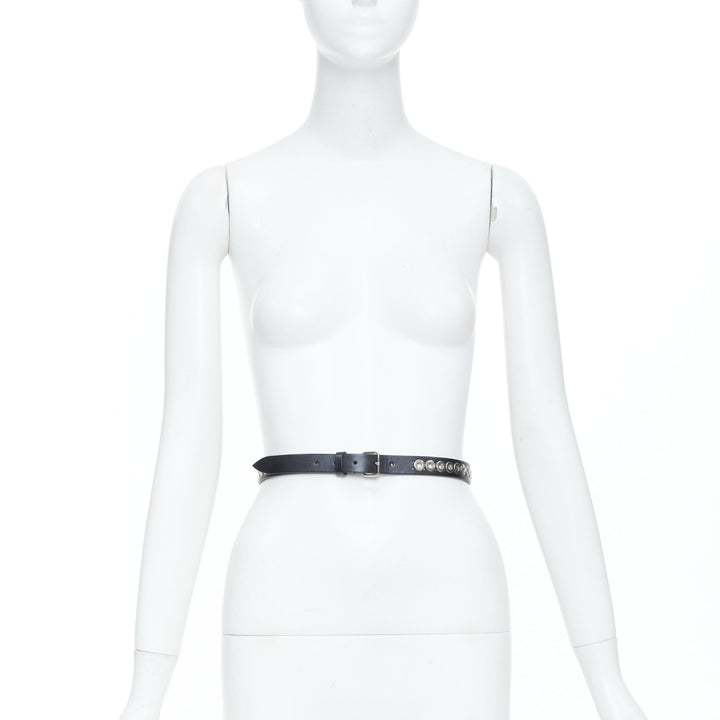 ALAIA Ovale black studded smooth calfskin leather waist belt grommet 65cm