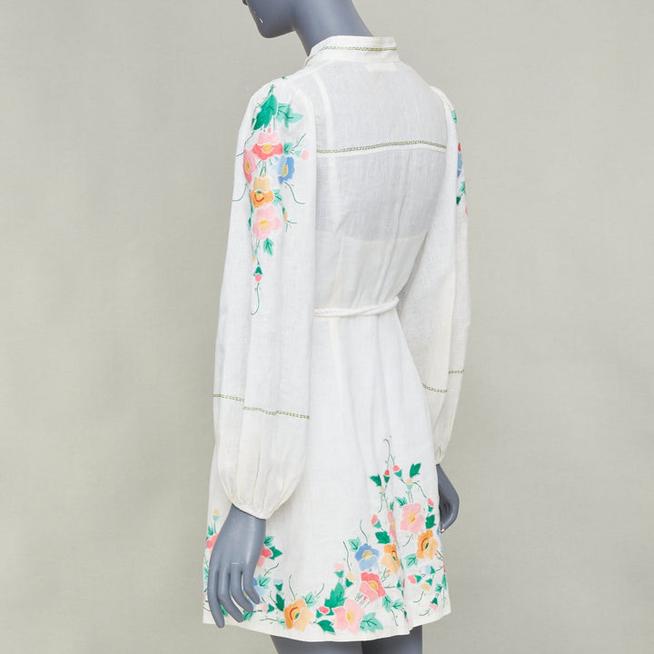 ZIMMERMANN 2021 Fiesta Applique multicolour floral white linen mini dress Sz1 S