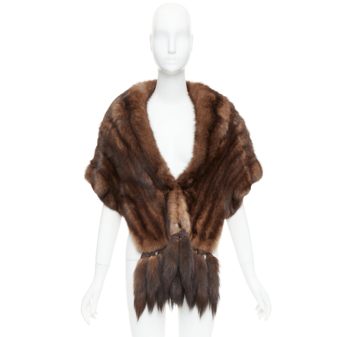 FLAMINGO brown real Russian fur tassel tiered shawl scarf stole