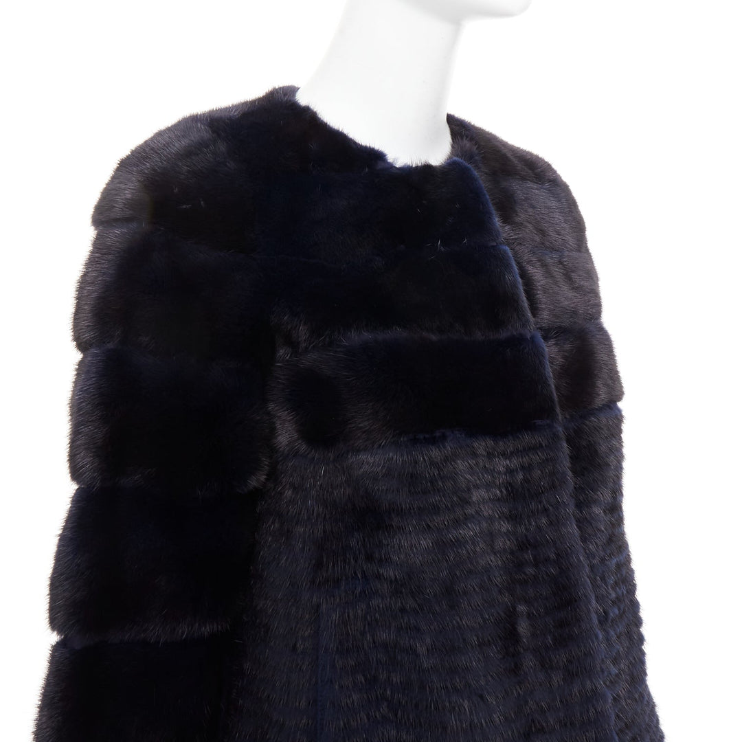 YVES SALOMON KIDS black navy horizontal mink fur work collarless coat Y12