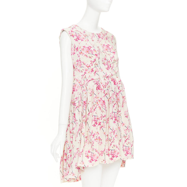 BALENCIAGA 2010 beige pink silk plum blossom floral ruched mini dress FR36 S