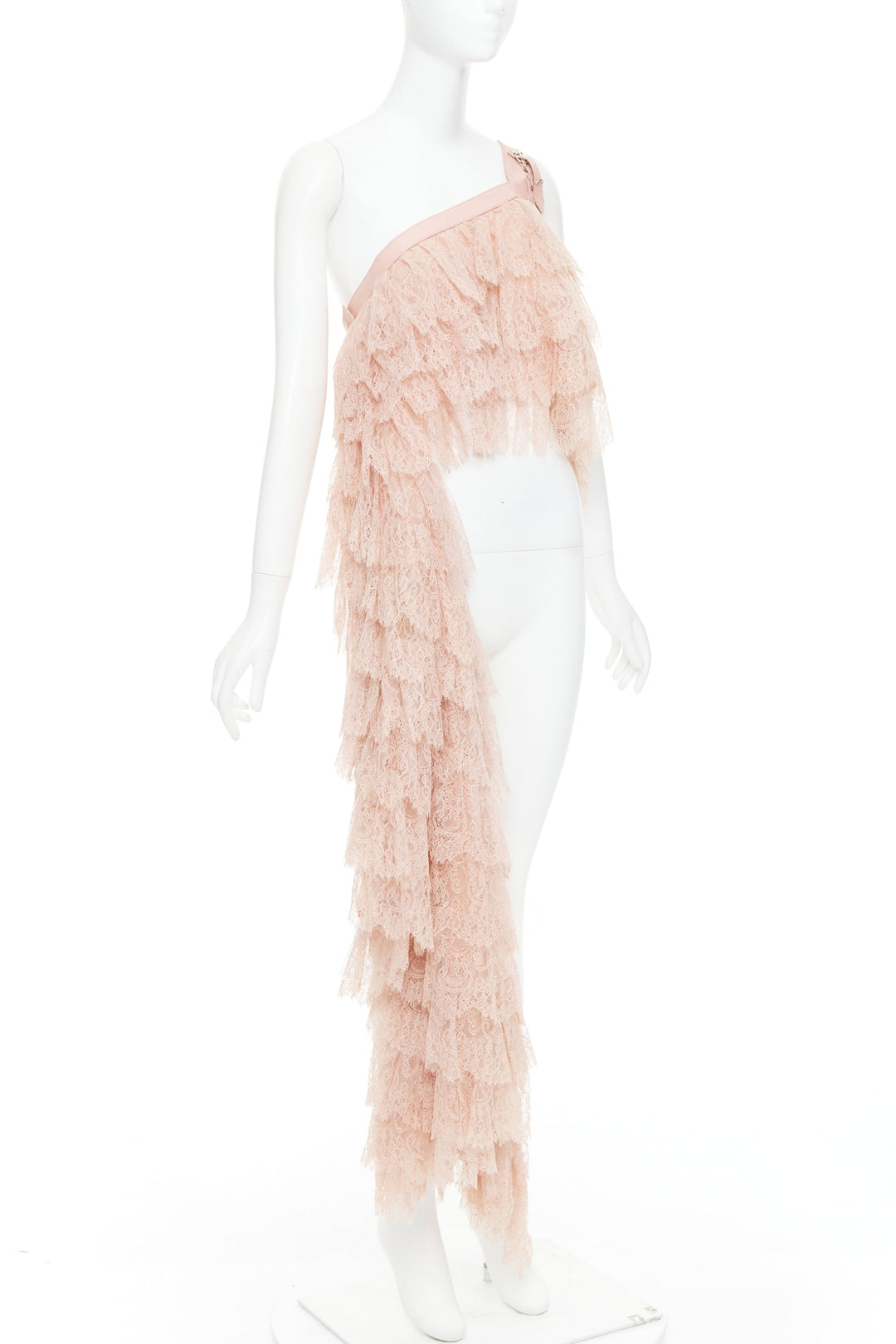 ALEXANDER MCQUEEN 2007 Runway pink lace leather cascade drape ruffle top IT38 XS