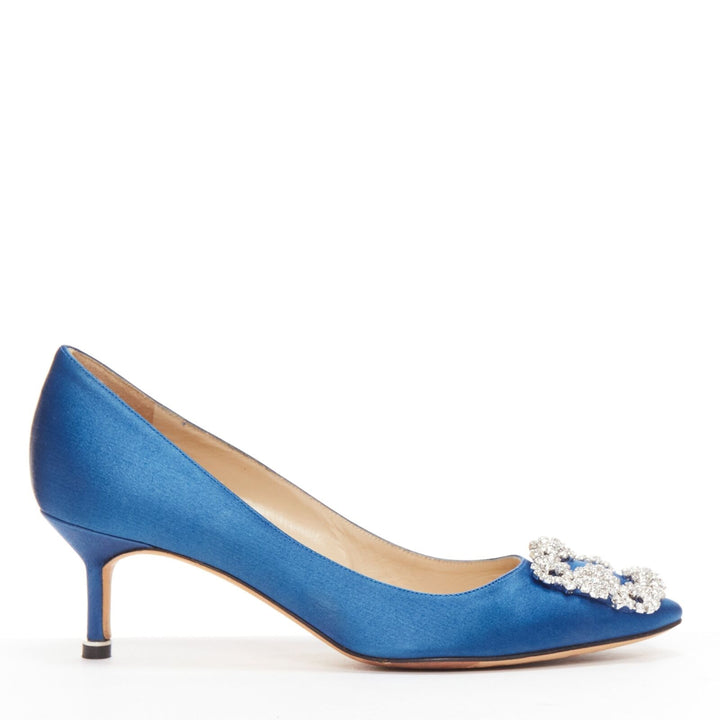 MANOLO BLAHNIK Hangisi 50 blue satin crystal buckle teacup heeled pumps EU36.5