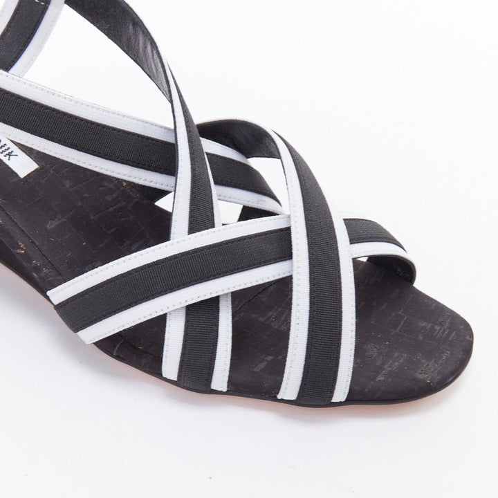 MANOLO BLAHNIK Lasti black white criss cross elastic wedges EU39