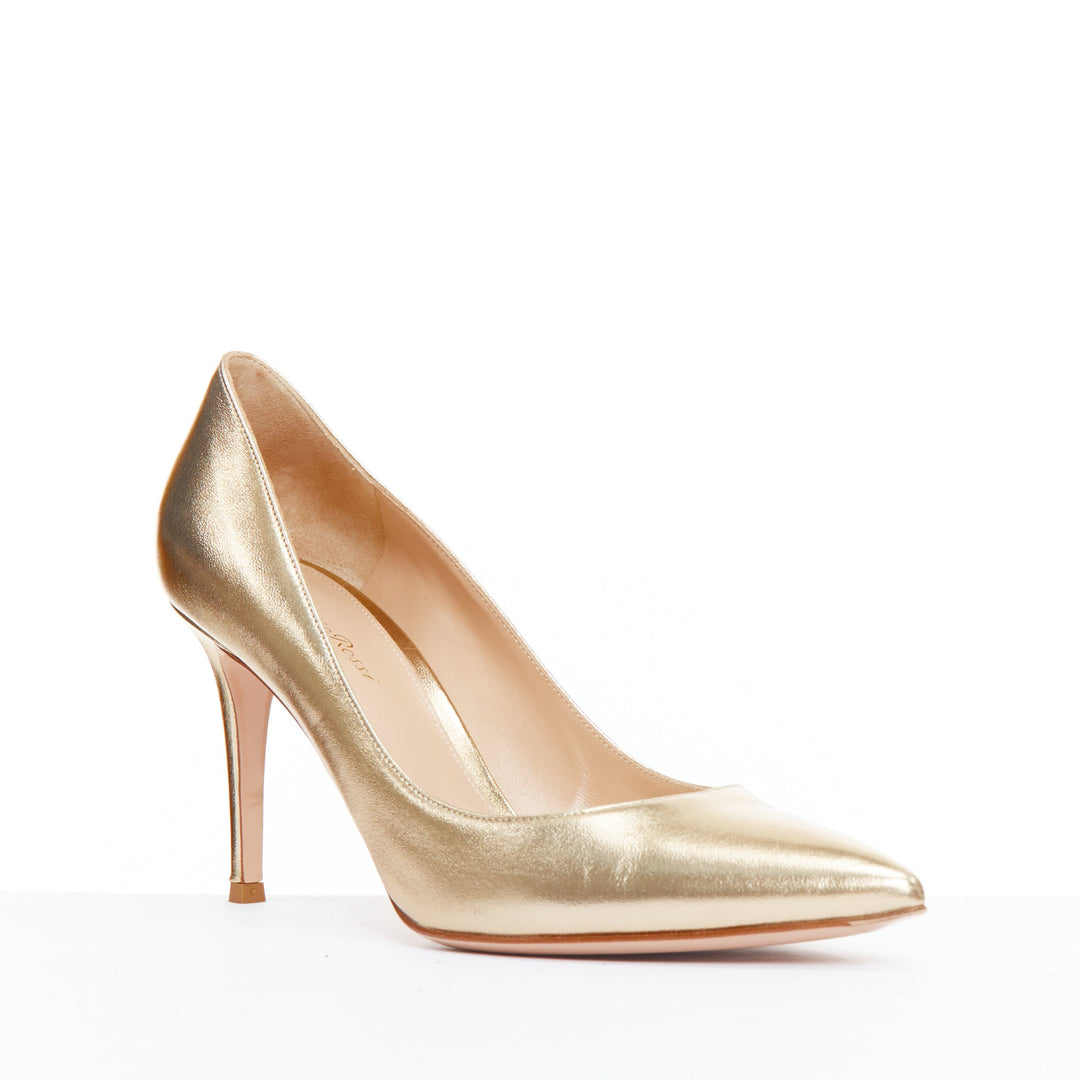 GIANVITO ROSSI metallic gold leather pointy pump heels EU39.5