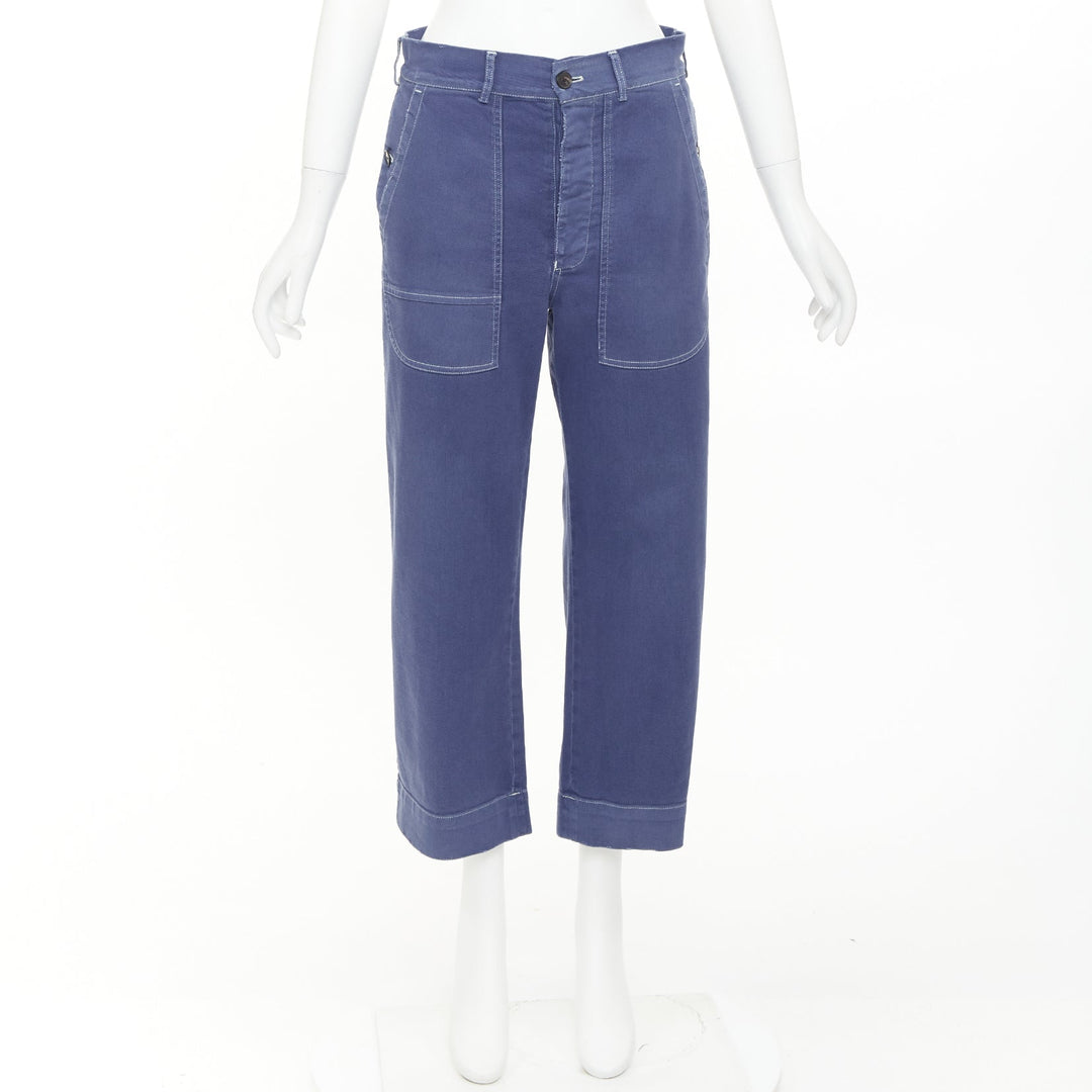 DIOR blue cotton whtie stitch palm print back utility cargo pants FR36 S
