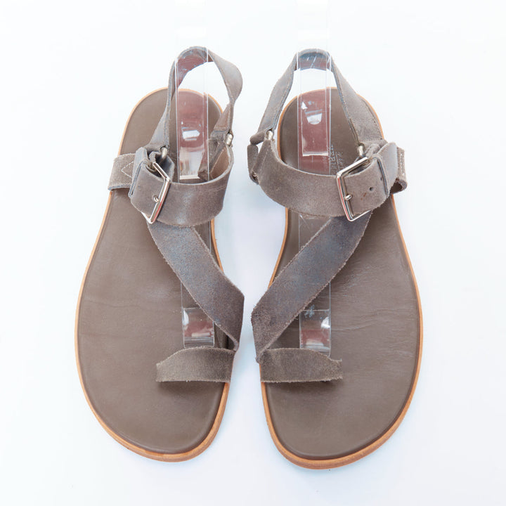 HERMES grey distressed leather toe ring strappy flat sandals EU43