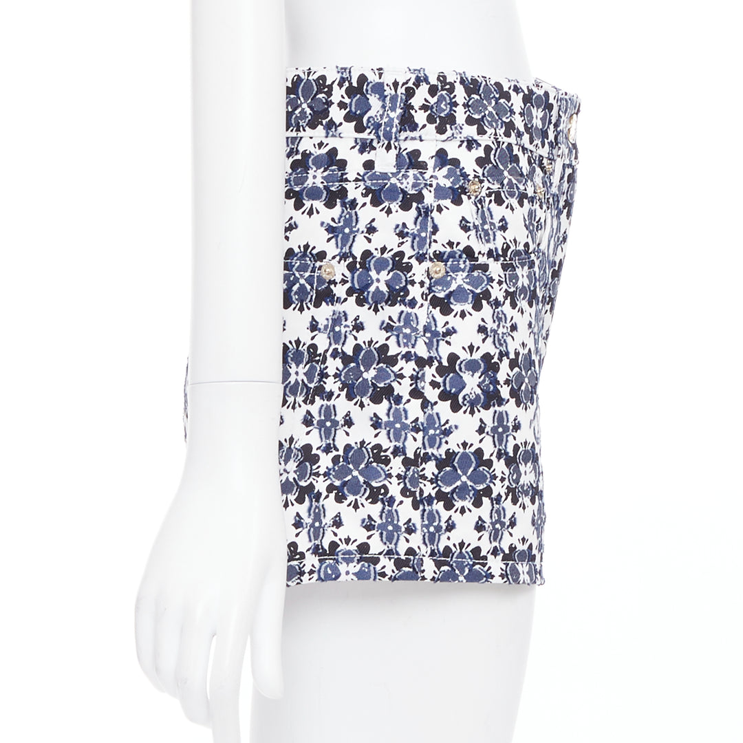 LOUIS VUITTON Flower Mosaic blue white logo floral print cotton shorts FR34 XS