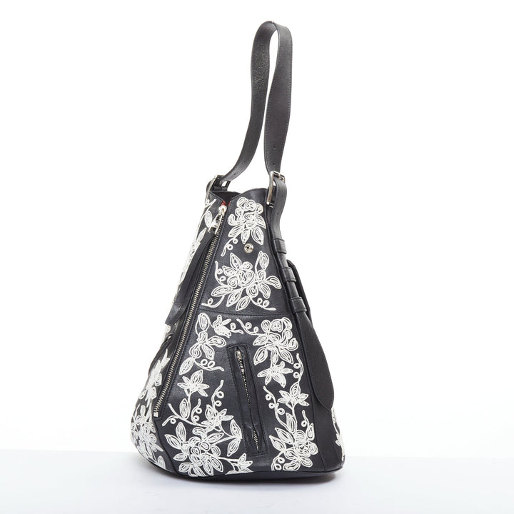 rare ALEXANDER MCQUEEN black white floral embroidered red plaid biker hobo bag