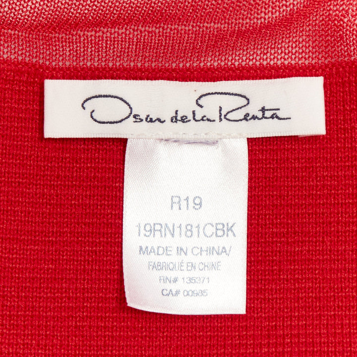 OSCAR DE LA RENTA 2019 red wool silk sheer tulle mesh yoke pom pom button top