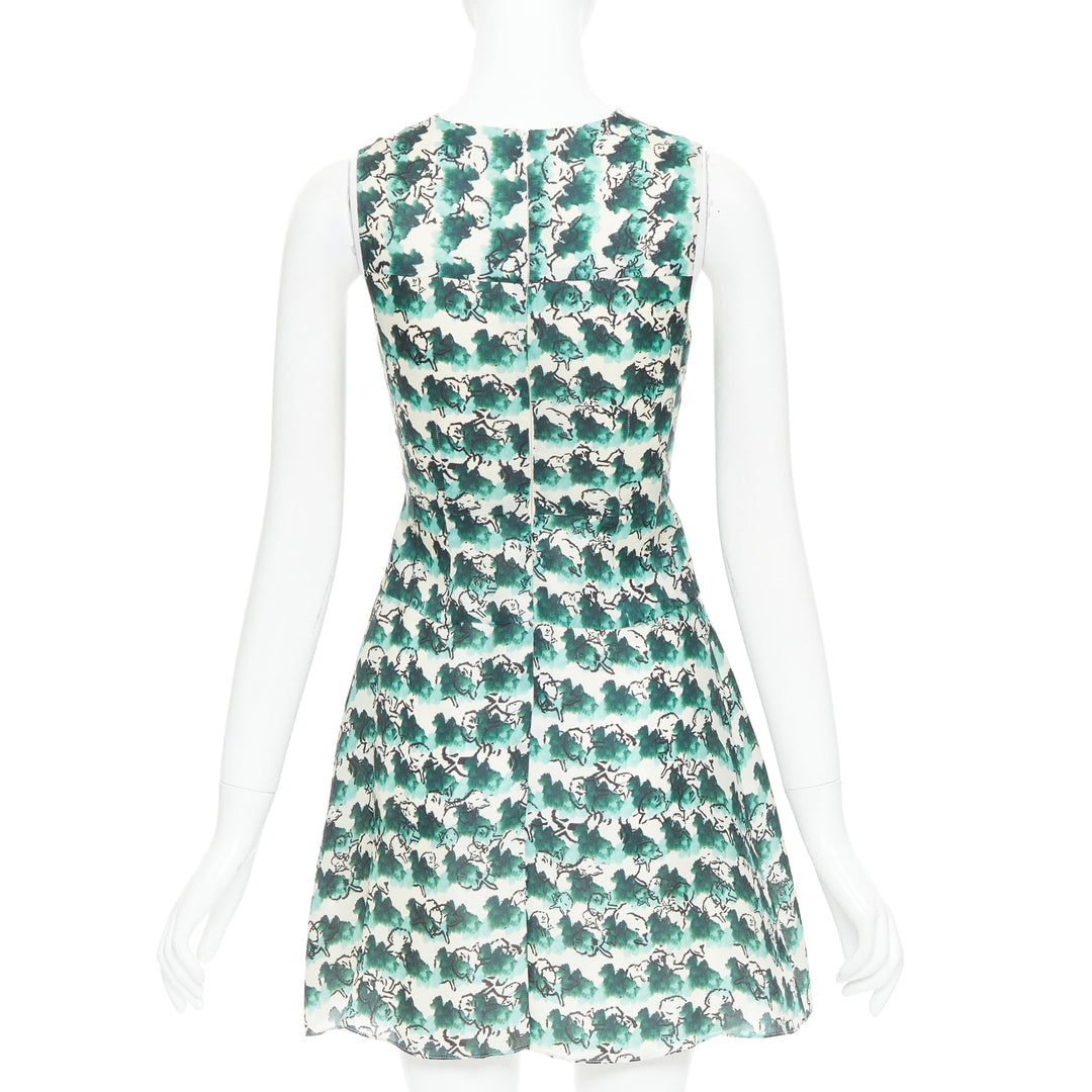 TANYA TAYLOR green cream silk abstract print sleeveless A-line dress US0 XS