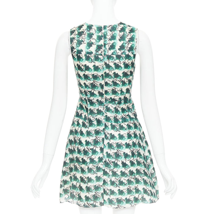 TANYA TAYLOR green cream silk abstract print sleeveless A-line dress US0 XS