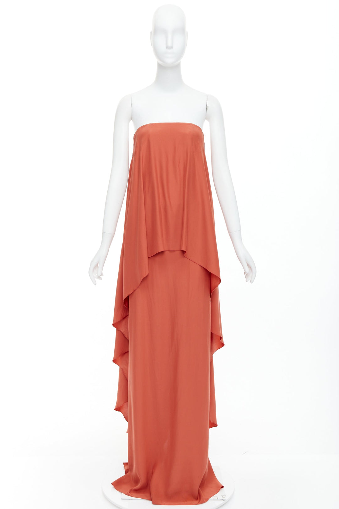 LANVIN 2015 100% silk burnt orange strapless tiered column maxi gown FR36 S