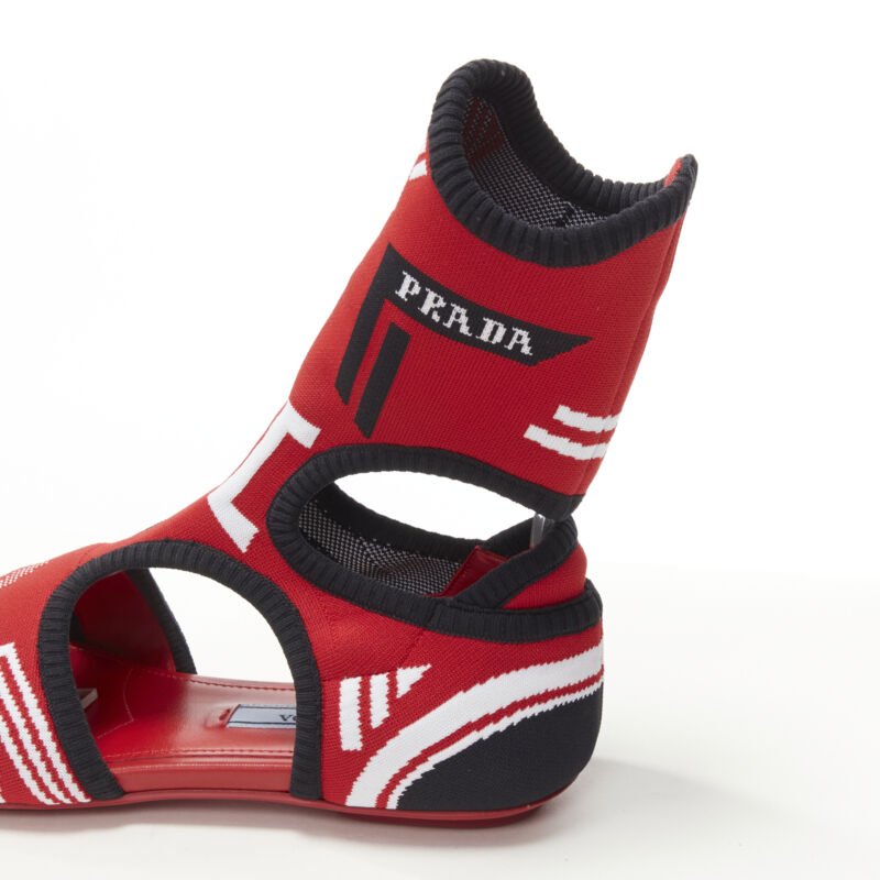 PRADA red black white stretch sock knit thong flat sandals EU35.5