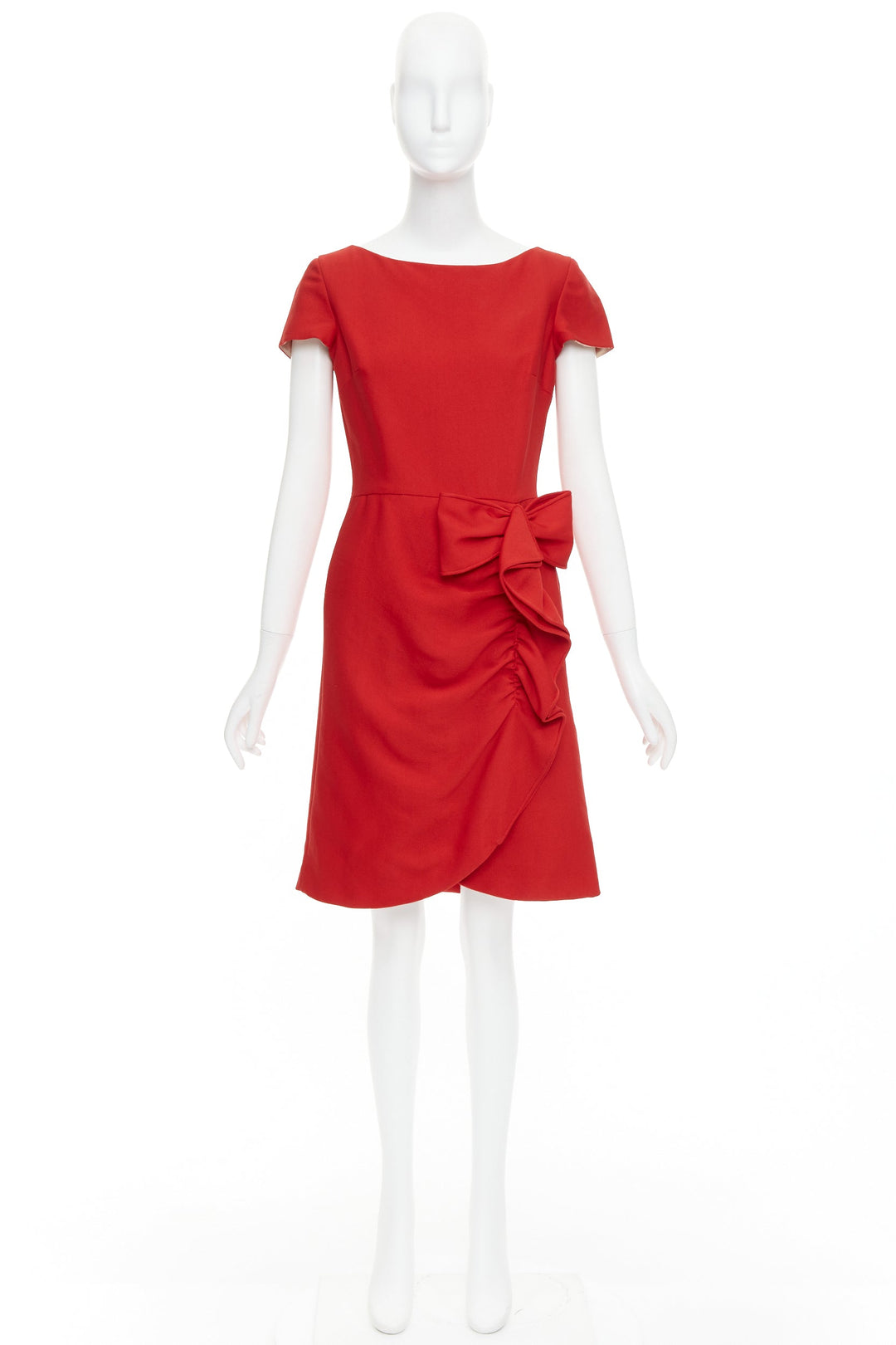 VALENTINO red silk ribbon bow ruffle drape cap sleeves dress US6 M