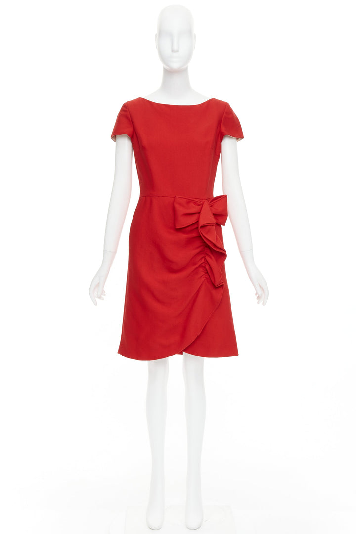 VALENTINO red silk ribbon bow ruffle drape cap sleeves dress US6 M