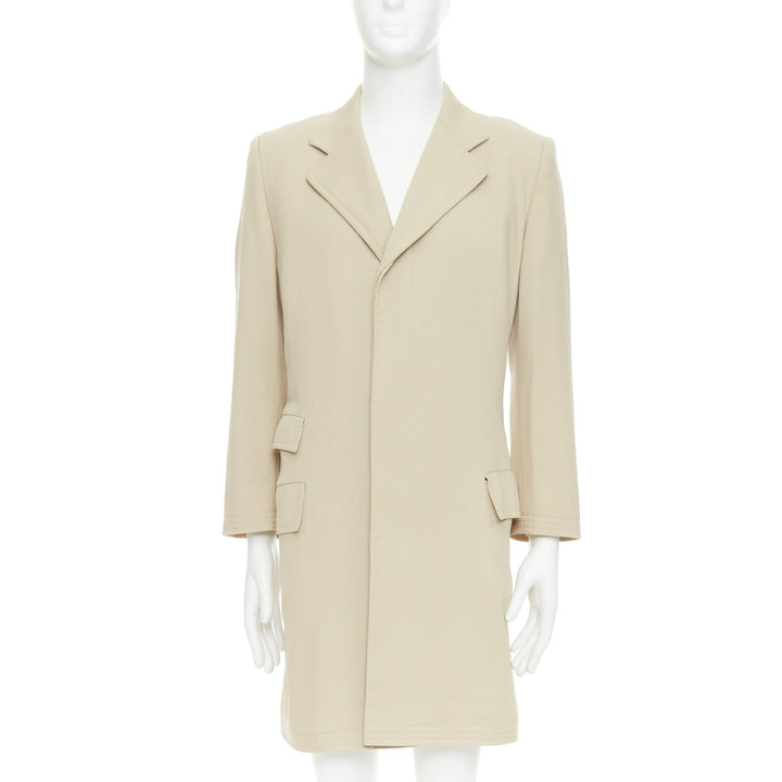 HERMES beige 100% wool twill horn buttons minimal long coat IT46 S