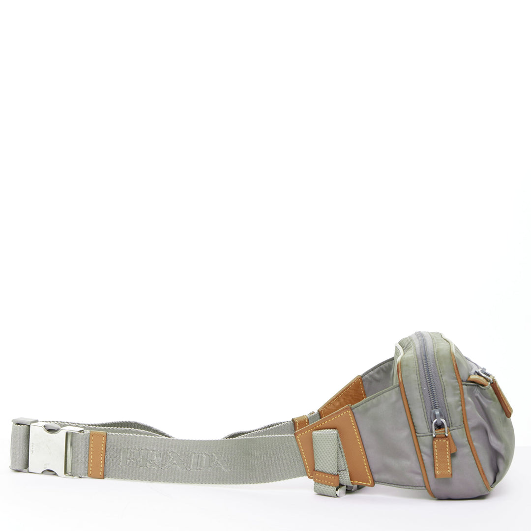 PRADA Tessuto Montagna grey nylon brown leather trim logo belt bag