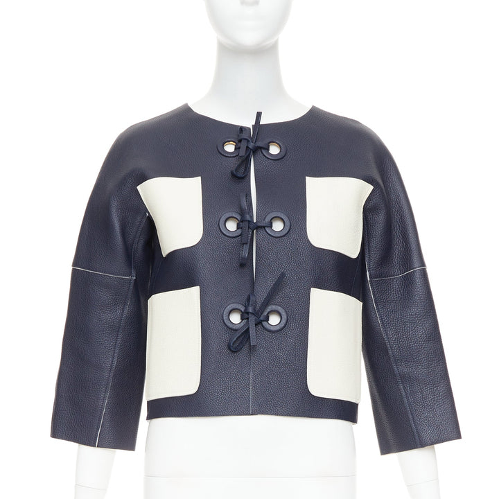 LOUIS VUITTON navy off white textured leather tie front jacket FR36 M