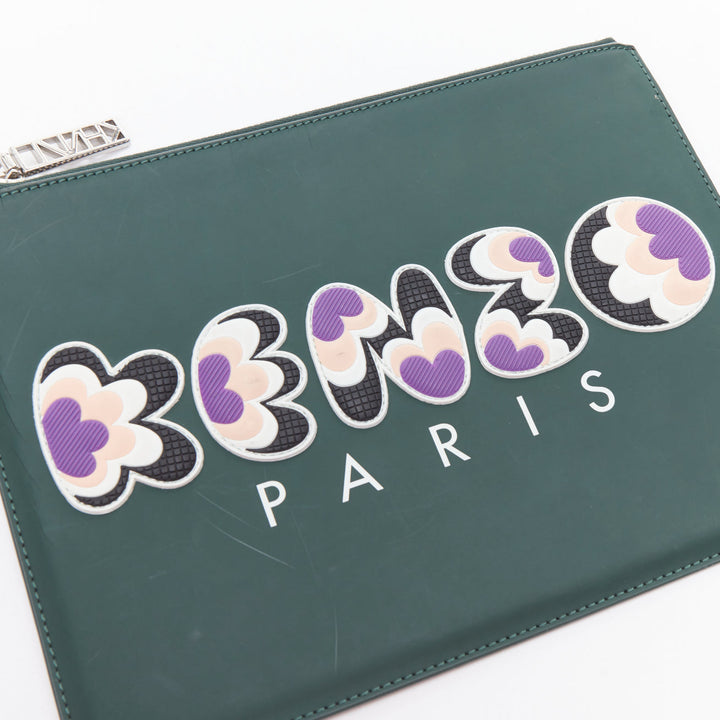 KENZO dark green purple debossed rubber logo portfolio zip clutch