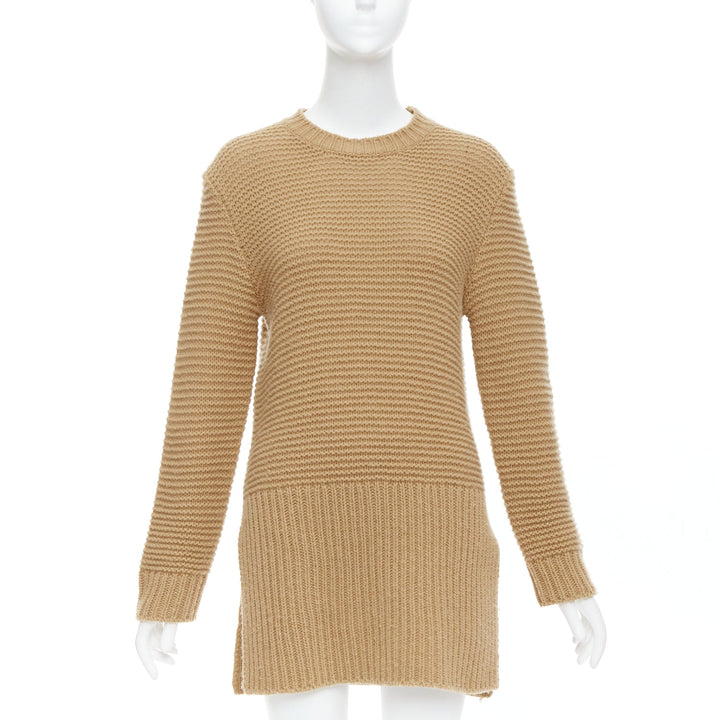 MARNI 100% virgin wool camel brown contrasting ribbed knit slit sweater IT38 XS