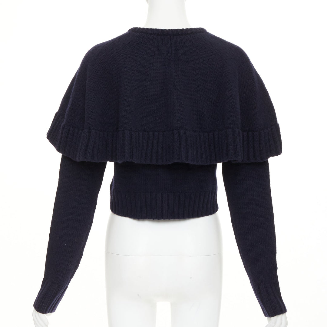 CHLOE 2024 Runway navy wool cashmere bronze globe buttons cape cardigan XS