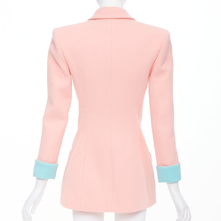 BALMAIN 2024 Runway pink blue wool crepe hourglass fitted Power blazer FR34 XS